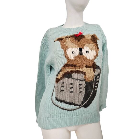 Majestic International Vintage 80's Wool Blend Blue Kitten Sweater Medium - Picture 1 of 9